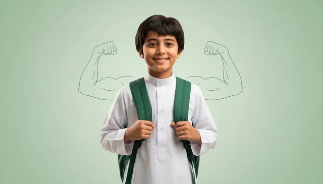 طالب مدرسي سعودي بالثوب مع رسم عضلات
