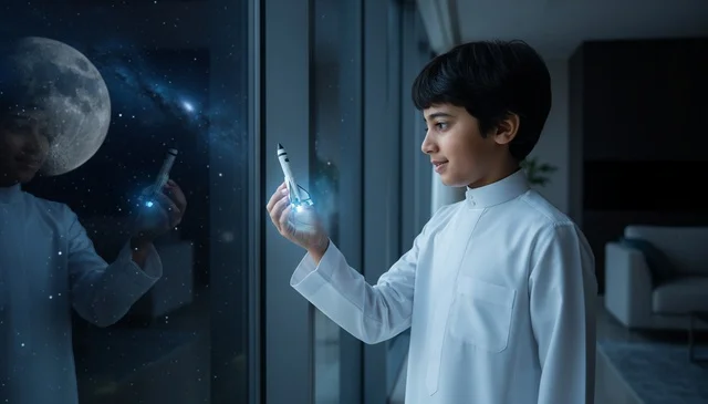 Arab Boy in Thobe Holding Toy Rocket at Night