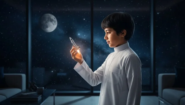 Saudi Boy in Thobe Holding Glowing Rocket at Night