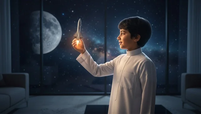 Saudi Boy in Thobe Holding Toy Rocket with Space View