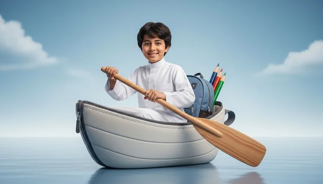 Saudi Boy in Pencil Case Boat Education Concept