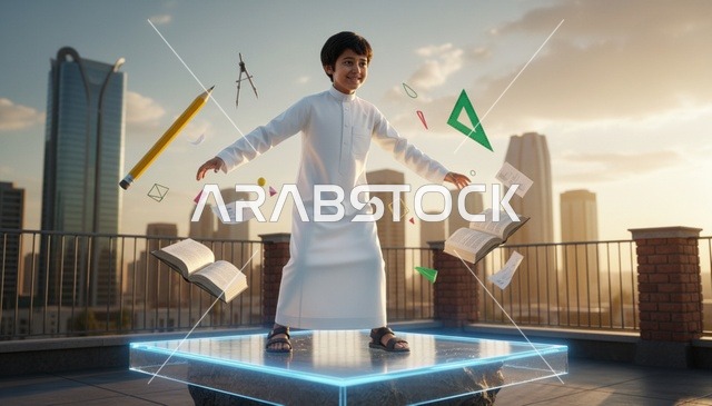 طفل سعودي مع أدوات مدرسية عائمة وقت الغروب
