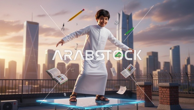 طفل سعودي وأفق الرياض مع أدوات مدرسية عائمة