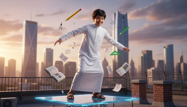 Saudi Boy Riyadh Skyline with School Supplies