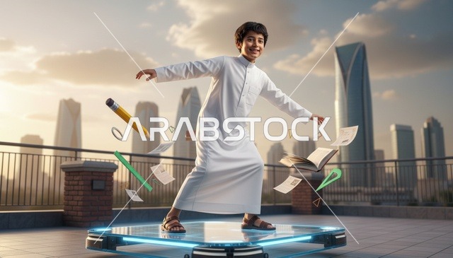 طفل سعودي في الرياض مع تقنيات تعليم مستقبلية