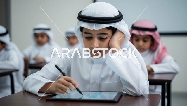 Saudi Schoolboy Using Tablet in Modern Classroom