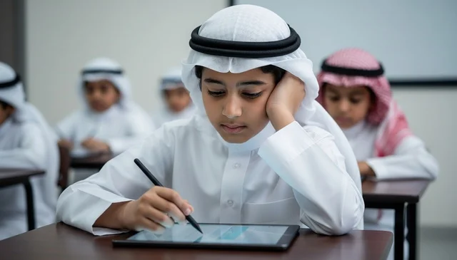 Saudi Schoolboy Using Tablet in Modern Classroom