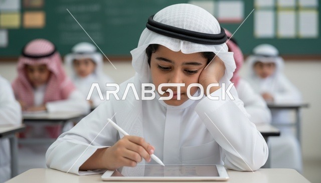 طالب سعودي يستخدم جهاز لوحي في الفصل الدراسي
