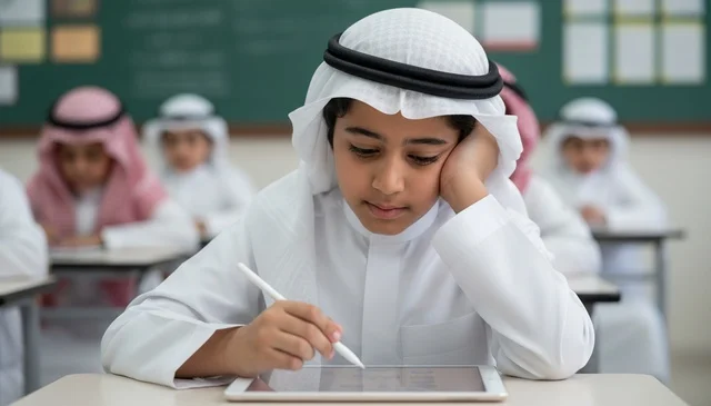 Saudi Male Student Using Digital Tablet in Classroom