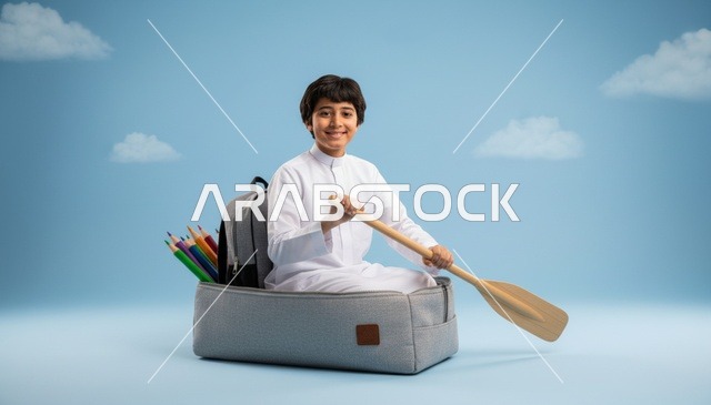 طفل سعودي بالثوب الأبيض مع مستلزمات مدرسية