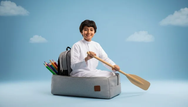 Saudi Boy in White Thobe with School Supplies