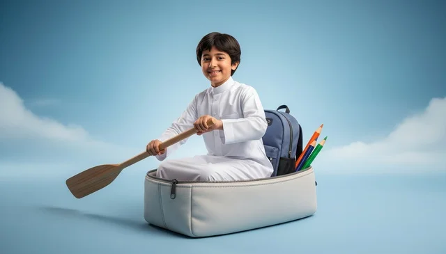 Saudi Student in Pencil Case Boat Holding Oar