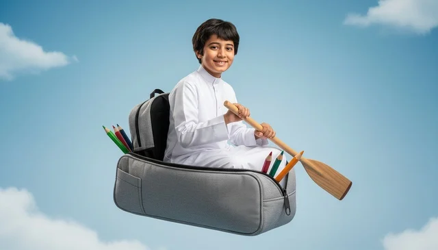 Saudi Boy in School Bag Boat Creative Education Concept Saudi Boy in School Bag Boat Creative Education Concept