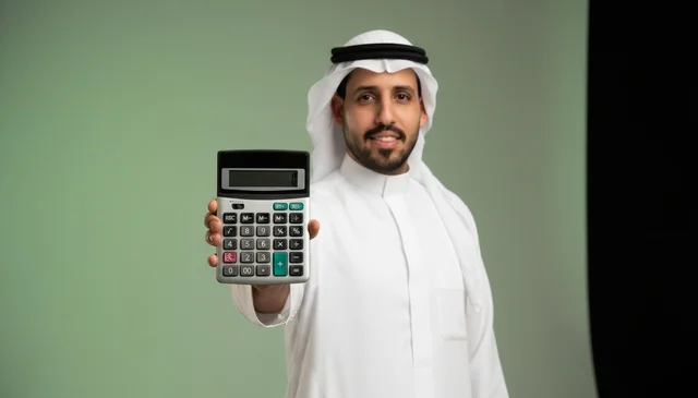 Saudi Man Holding Calculator in Traditional Dress
