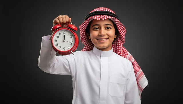 Saudi Boy in Traditional Thobe Holding Red Alarm Clock