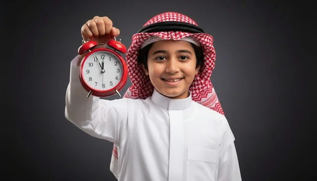 طفل سعودي يمسك ساعة منبه حمراء في الاستوديو