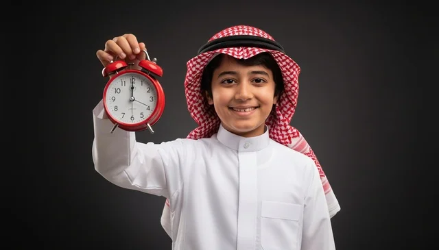 Saudi Boy Holding Red Alarm Clock in Traditional Dress