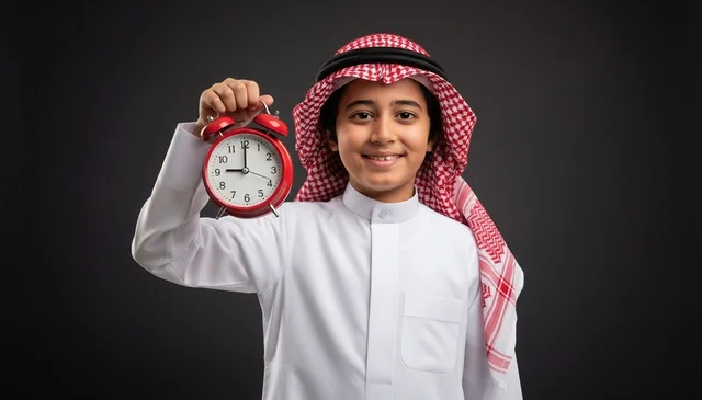 Saudi Boy in Traditional Dress Holding Alarm Clock