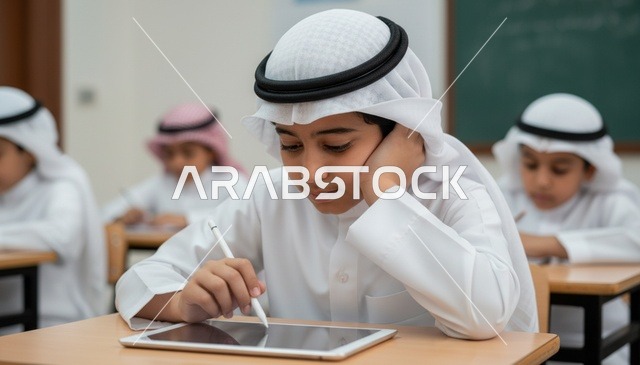 Saudi School Boy Using Digital Tablet in Classroom Education