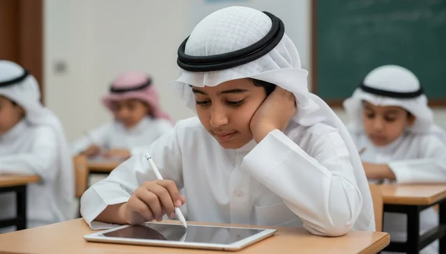 طالب سعودي يستخدم جهاز لوحي رقمي في الفصل الدراسي التعليمي طالب سعودي يستخدم جهاز لوحي رقمي في الفصل الدراسي التعليمي