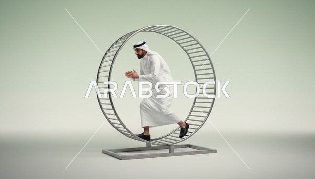 رجل خليجي يجري داخل عجلة هامستر للعمل الروتيني