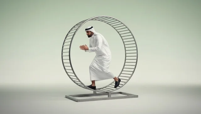 رجل خليجي يجري داخل عجلة هامستر للعمل الروتيني