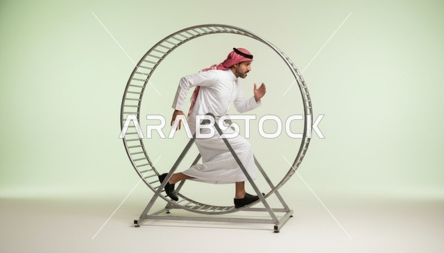 رجل سعودي يركض في عجلة تمارين لتمثيل روتين العمل