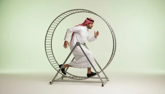 Saudi Man Running in Exercise Wheel Business Concept