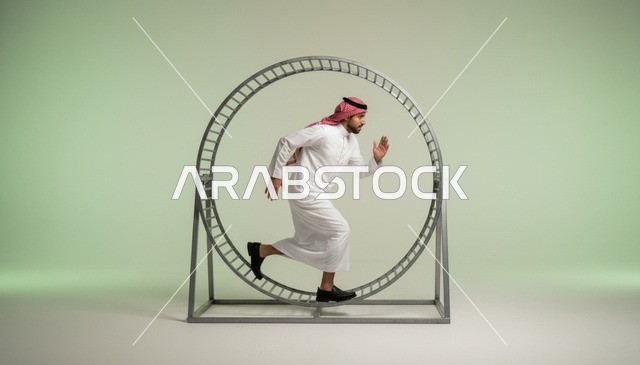 رجل سعودي يركض في عجلة هامستر استعارة للعمل