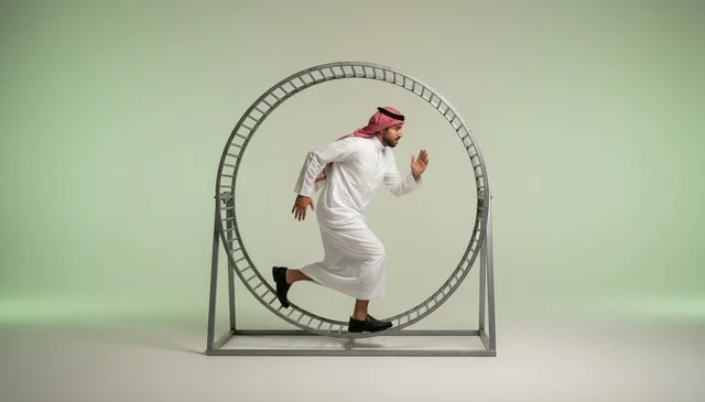 رجل سعودي يركض في عجلة هامستر استعارة للعمل