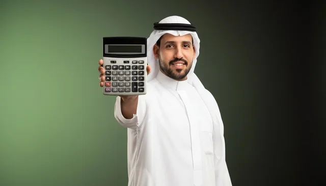 Saudi Man in Traditional Dress Holding Calculator