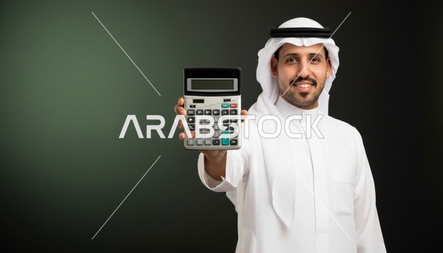 رجل سعودي يحمل آلة حاسبة للأعمال والتمويل