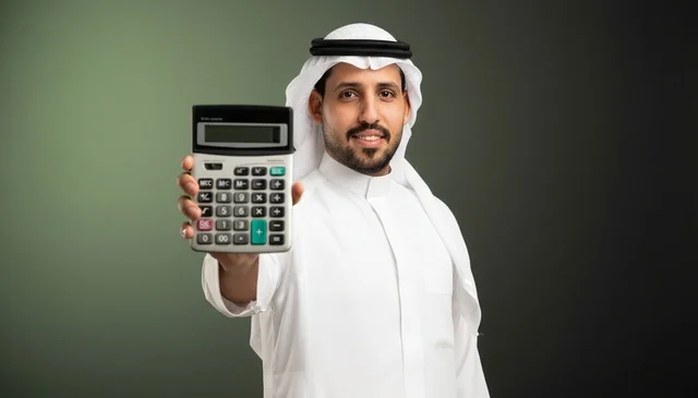Saudi Man in Traditional Dress Holding Calculator