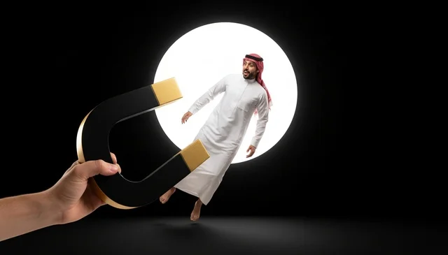 Saudi Man Attracted by Large Magnet Business Concept