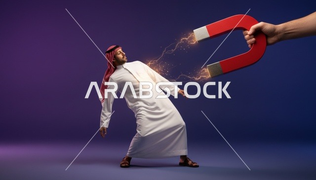 رجل سعودي منجذب لمغناطيس كبير في الاستوديو