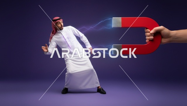 رجل سعودي ينجذب لمغناطيس ضخم مفهوم أعمال وتسويق