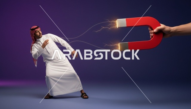 رجل سعودي يقاوم قوة سحب المغناطيس صورة مفاهيمية