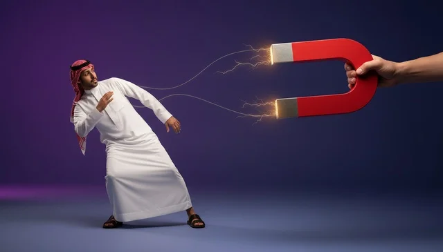 Saudi Man Resisting Large Magnet Attraction Concept