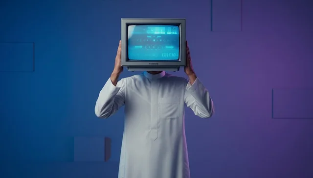 Saudi Man in Thobe with TV Head Neon Background