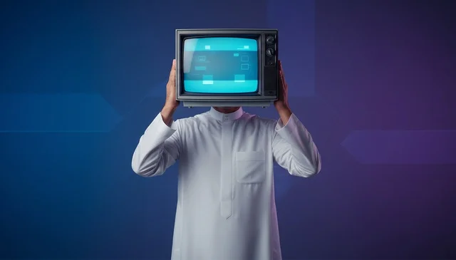 رجل سعودي برأس تلفاز قديم في الاستوديو