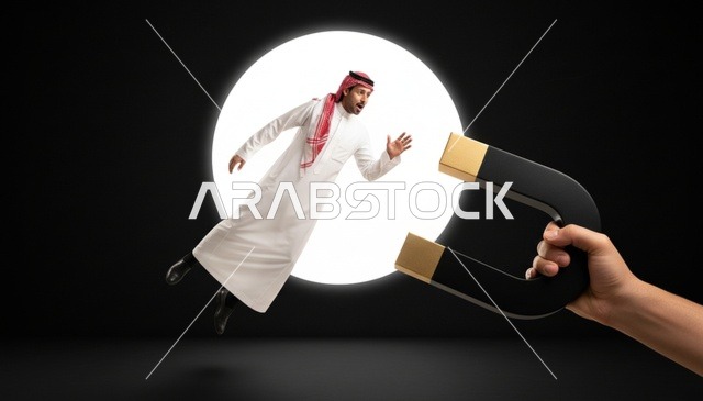 Saudi Man Pulled by Magnet Marketing Concept