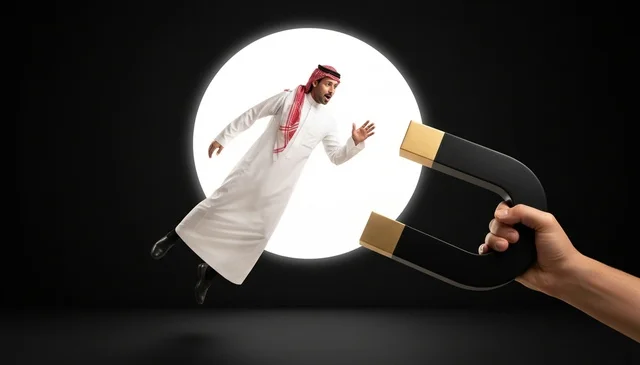 Saudi Man Pulled by Magnet Marketing Concept