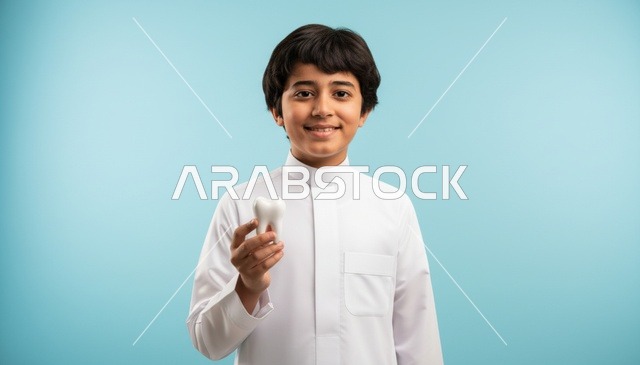 طفل سعودي بالثوب يحمل نموذج سن طبي