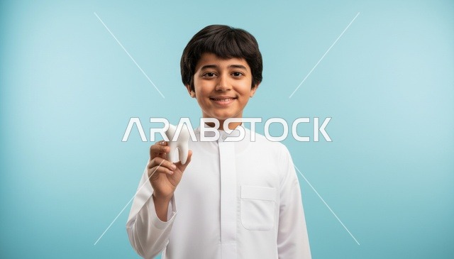 طفل سعودي يمسك مجسم سن للتوعية بصحة الأسنان