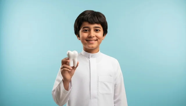 طفل سعودي يمسك مجسم سن للتوعية بصحة الأسنان