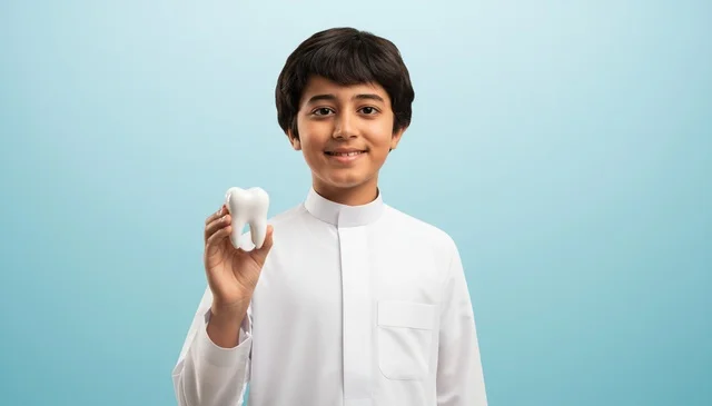 Saudi Boy in Thobe Holding Dental Tooth Model