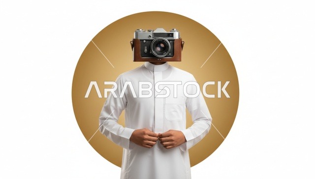 رجل سعودي بالثوب مع رأس كاميرا تصوير قديمة