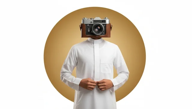 Saudi Man in Thobe with Vintage Camera Head Portrait Saudi Man in Thobe with Vintage Camera Head Portrait