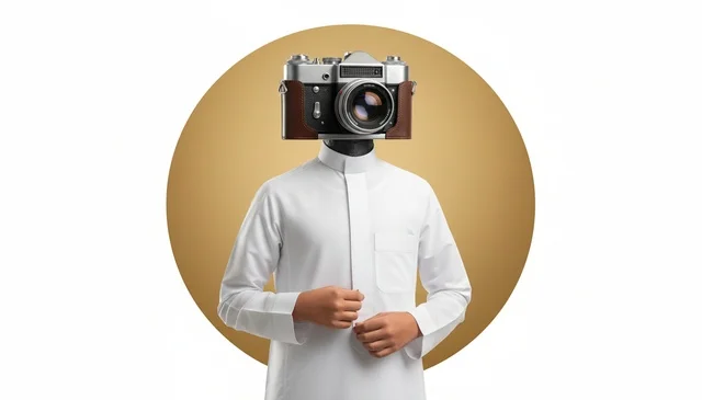 رجل سعودي بالثوب التقليدي برأس كاميرا فوتوغرافية