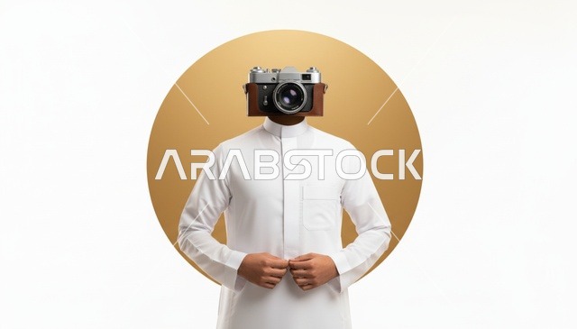 رجل سعودي يرتدي الثوب الأبيض برأس كاميرا تصوير فوتوغرافي